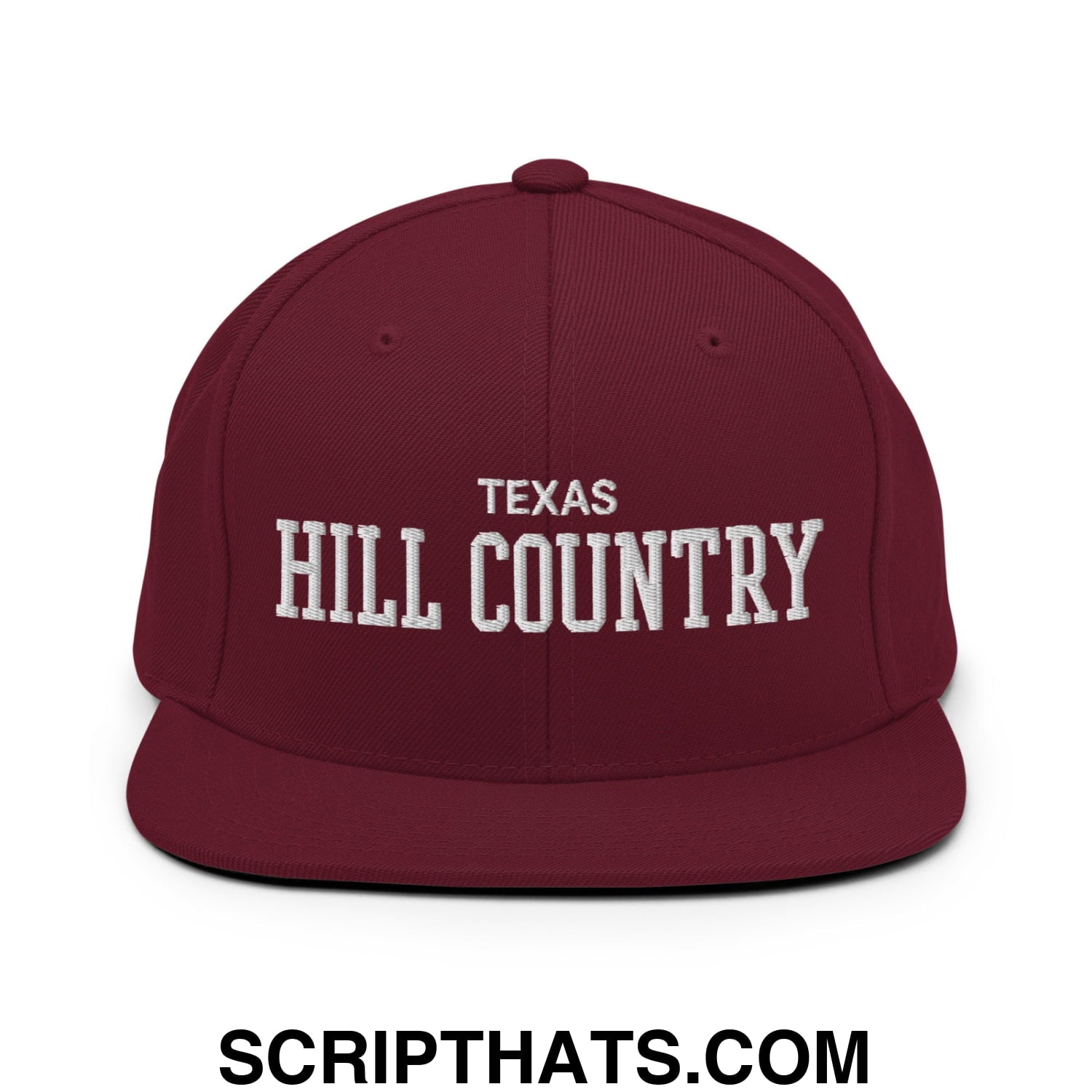 Texas Hill Country Varsity College Block Embroidered Flat Bill Brim Snapback Hat Maroon
