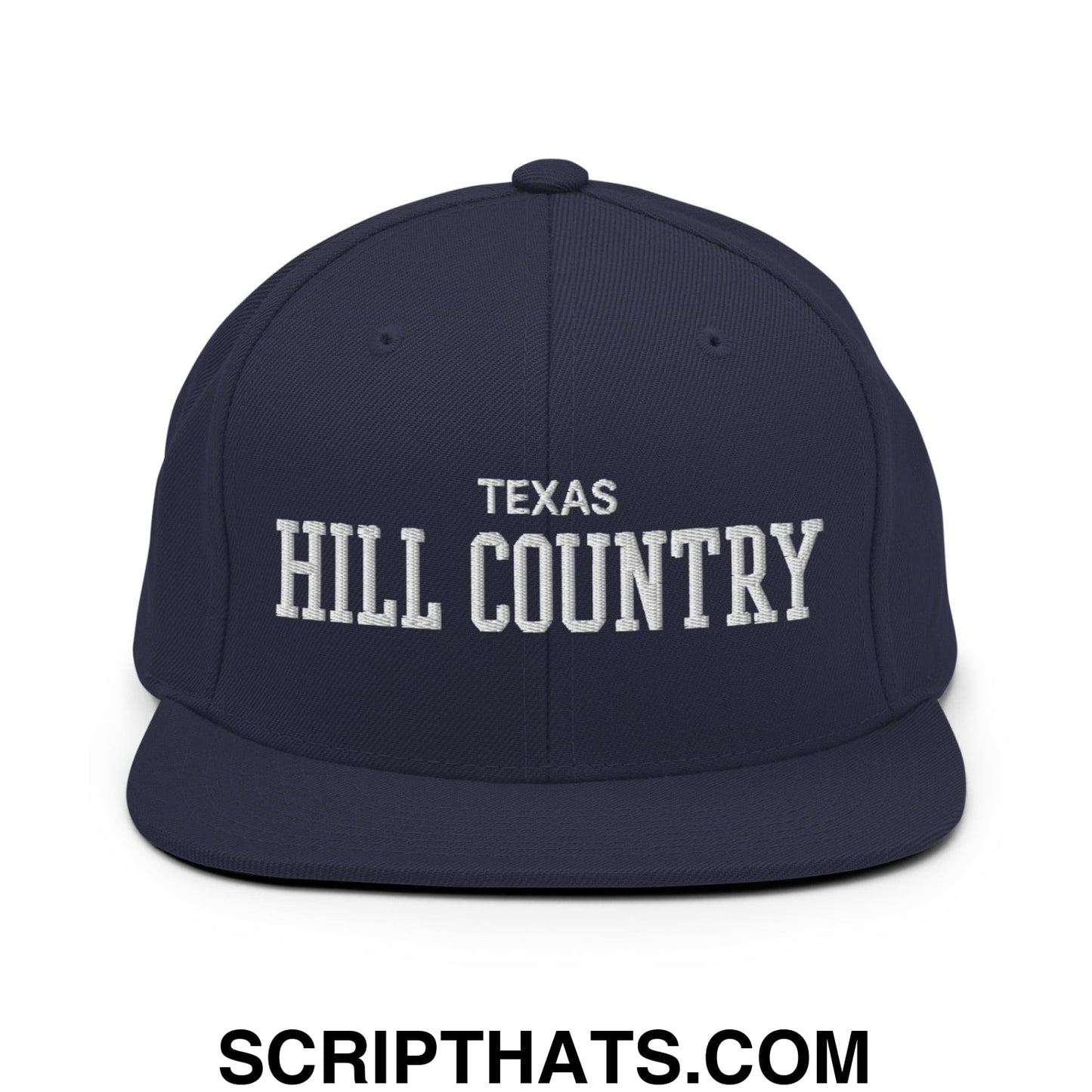 Texas Hill Country Varsity College Block Embroidered Flat Bill Brim Snapback Hat Navy