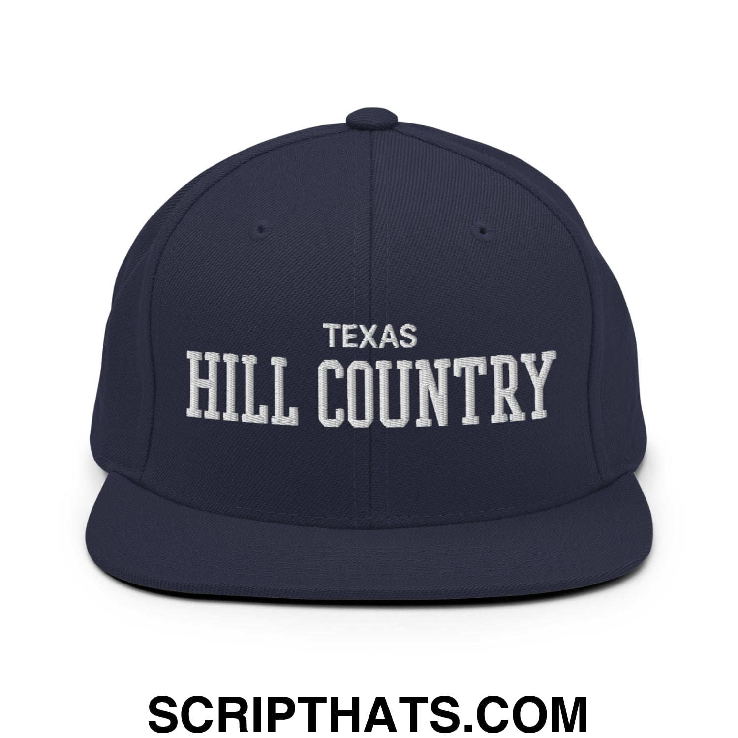 Texas Hill Country Varsity College Block Embroidered Flat Bill Brim Snapback Hat Navy