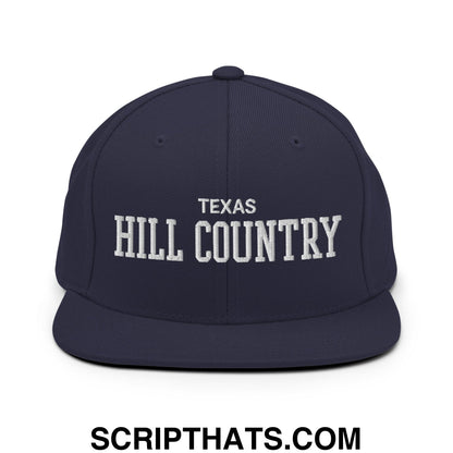 Texas Hill Country Varsity College Block Embroidered Flat Bill Brim Snapback Hat Navy