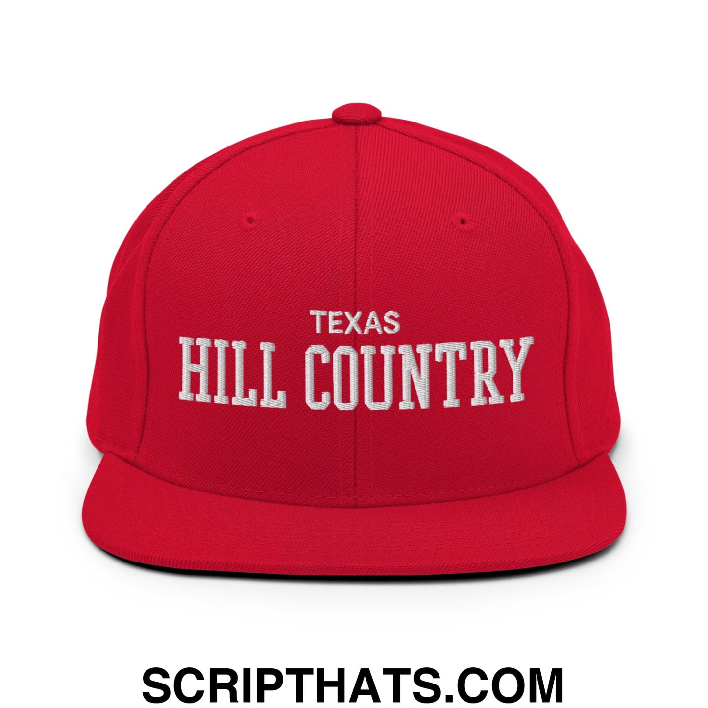 Texas Hill Country Varsity College Block Embroidered Flat Bill Brim Snapback Hat Red