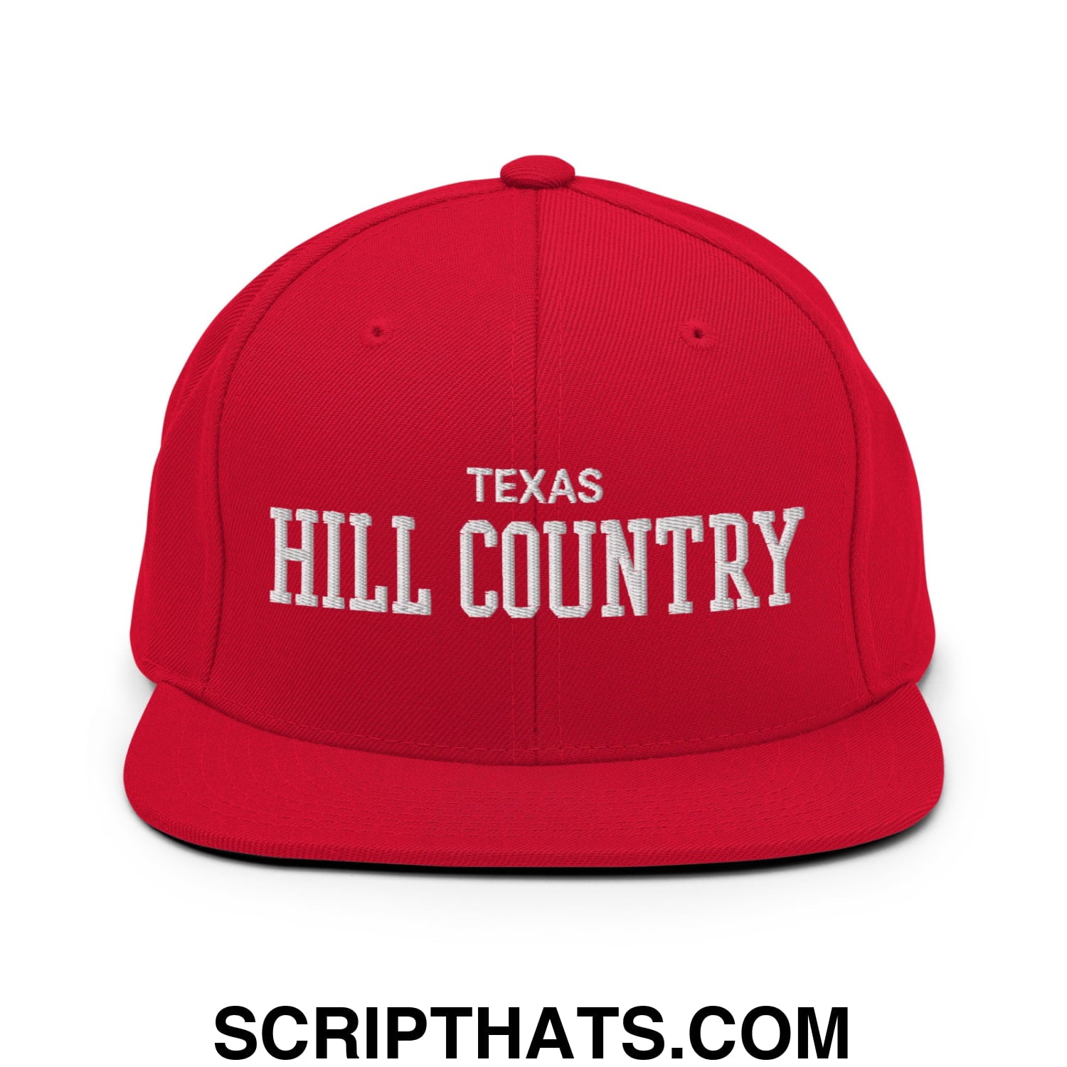 Texas Hill Country Varsity College Block Embroidered Flat Bill Brim Snapback Hat Red