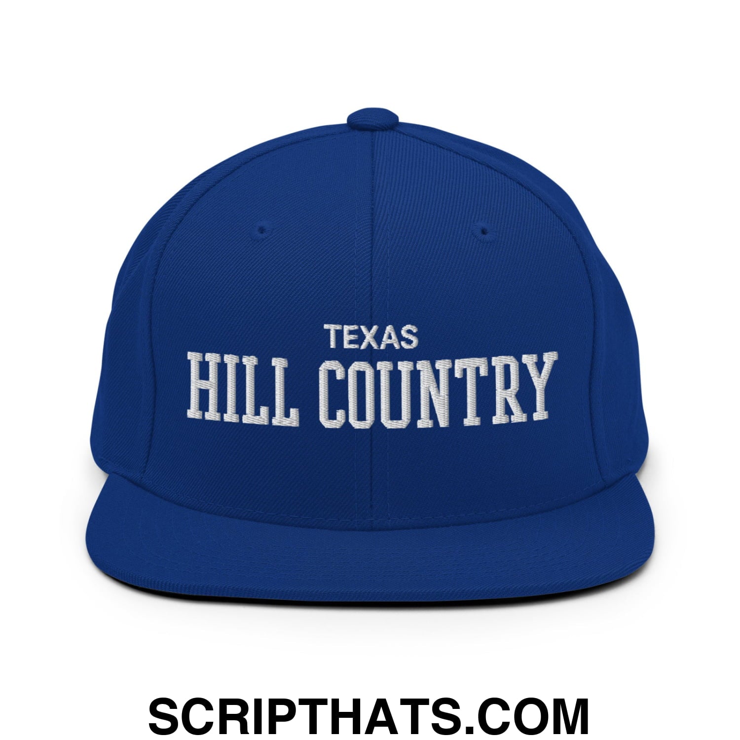 Texas Hill Country Varsity College Block Embroidered Flat Bill Brim Snapback Hat Royal Blue
