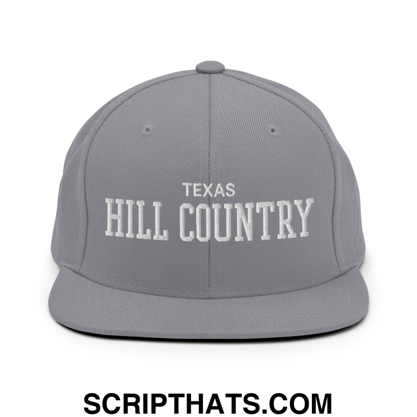 Texas Hill Country Varsity College Block Embroidered Flat Bill Brim Snapback Hat Silver