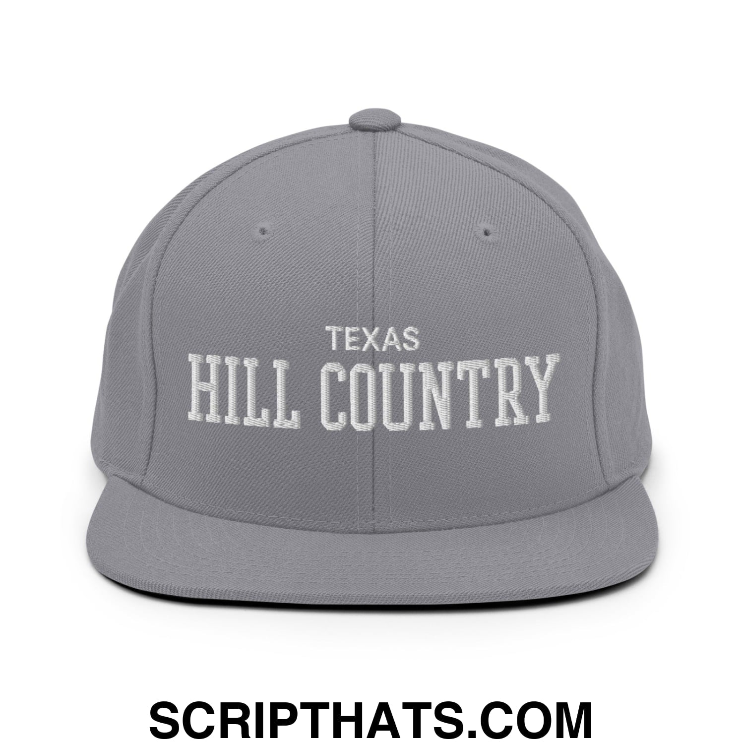 Texas Hill Country Varsity College Block Embroidered Flat Bill Brim Snapback Hat Silver