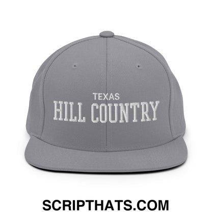 Texas Hill Country Varsity College Block Embroidered Flat Bill Brim Snapback Hat Silver