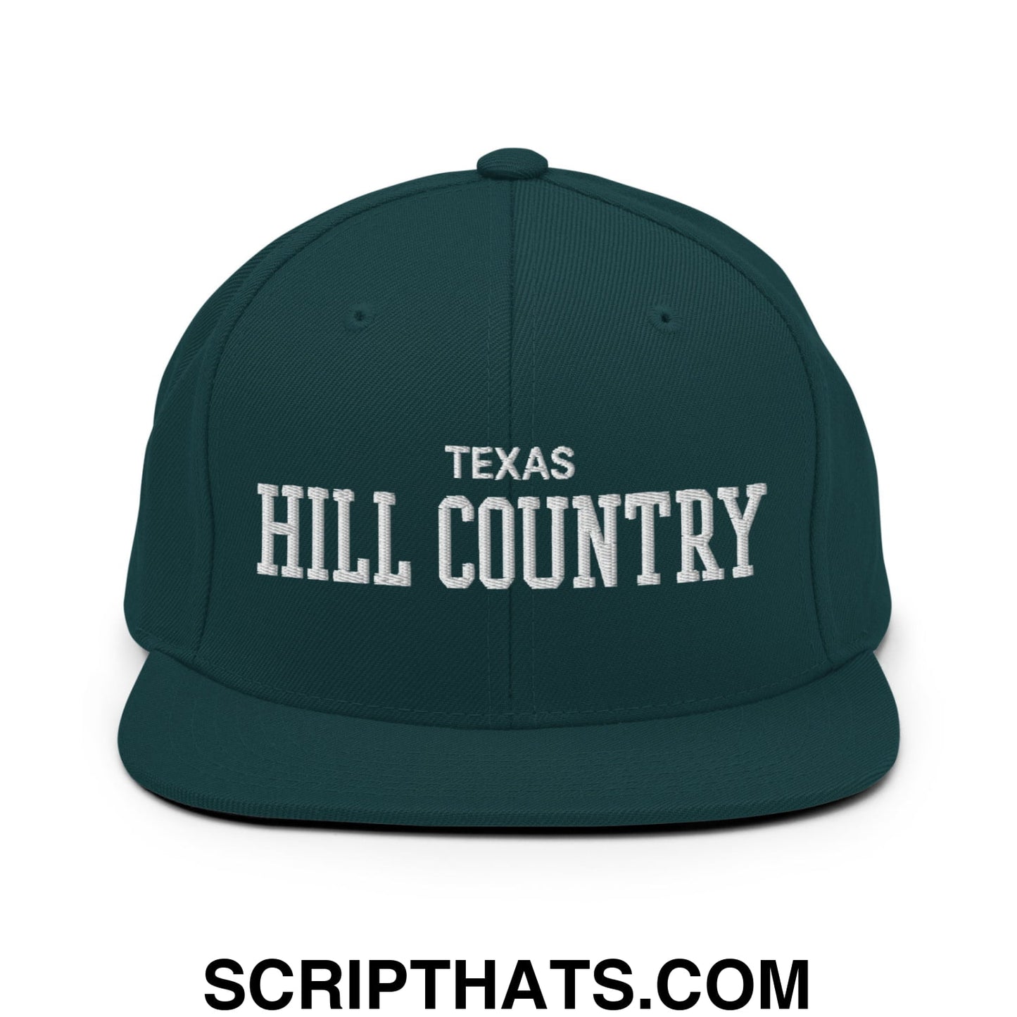 Texas Hill Country Varsity College Block Embroidered Flat Bill Brim Snapback Hat Spruce