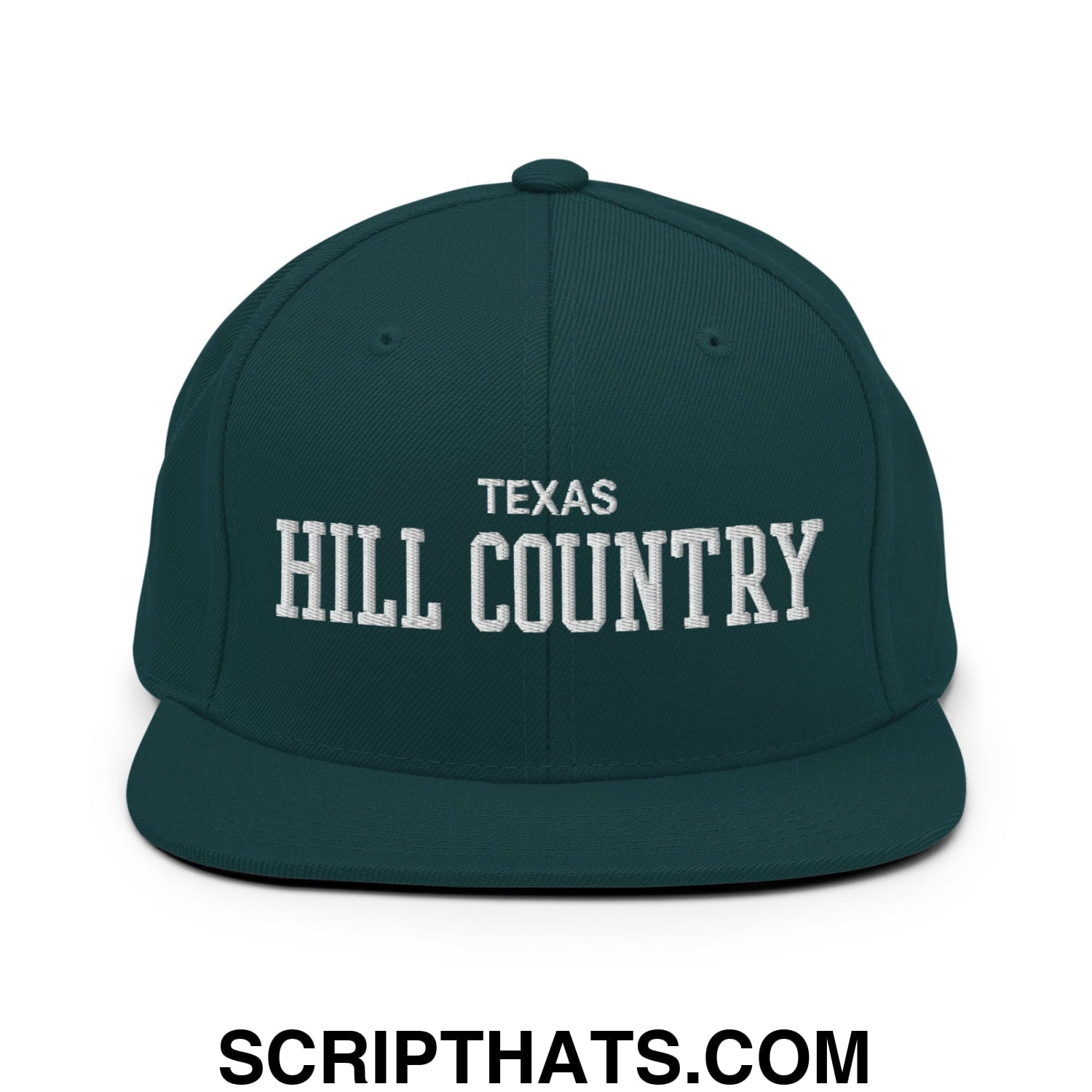 Texas Hill Country Varsity College Block Embroidered Flat Bill Brim Snapback Hat Spruce
