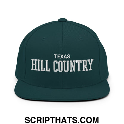 Texas Hill Country Varsity College Block Embroidered Flat Bill Brim Snapback Hat Spruce