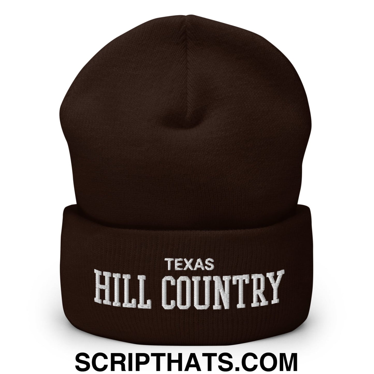 Texas Hill Country Varsity College Block Embroidered Knit Cuffed Beanie Brown