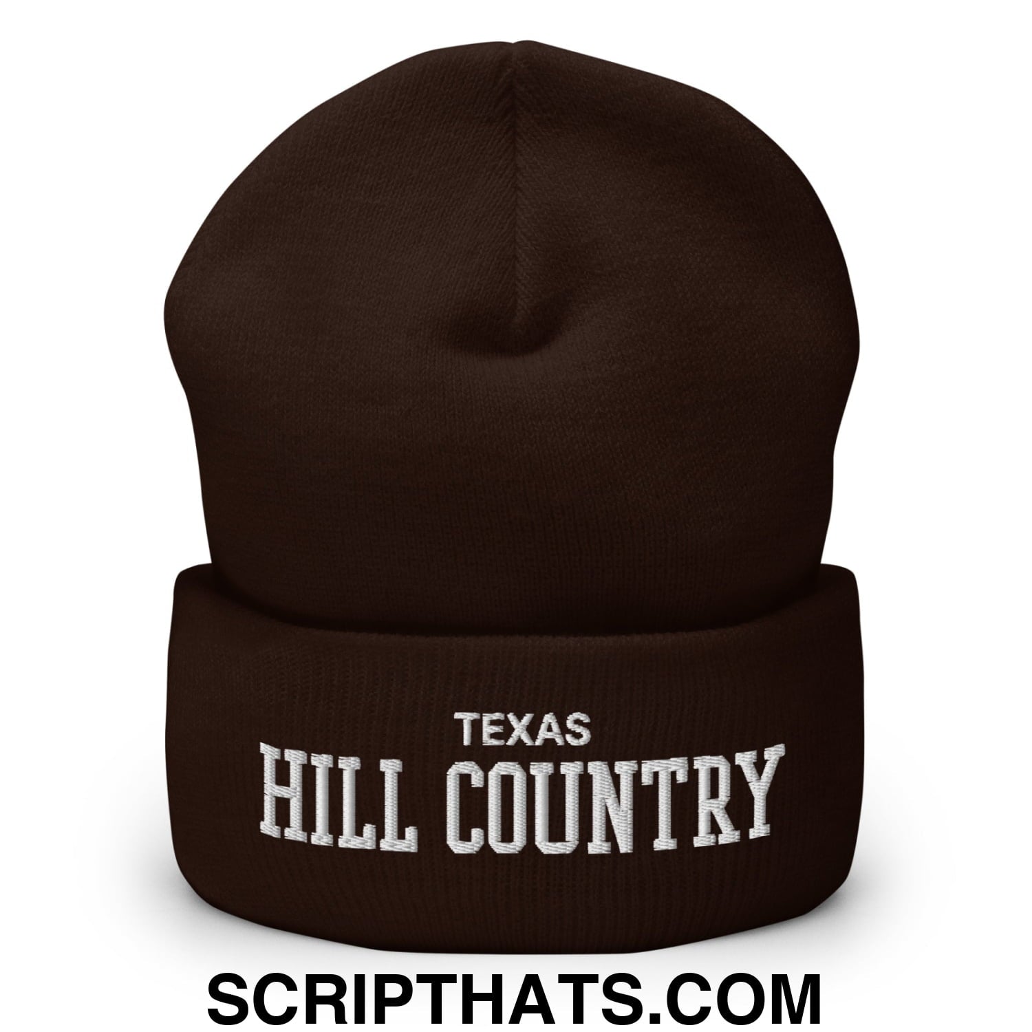 Texas Hill Country Varsity College Block Embroidered Knit Cuffed Beanie Brown