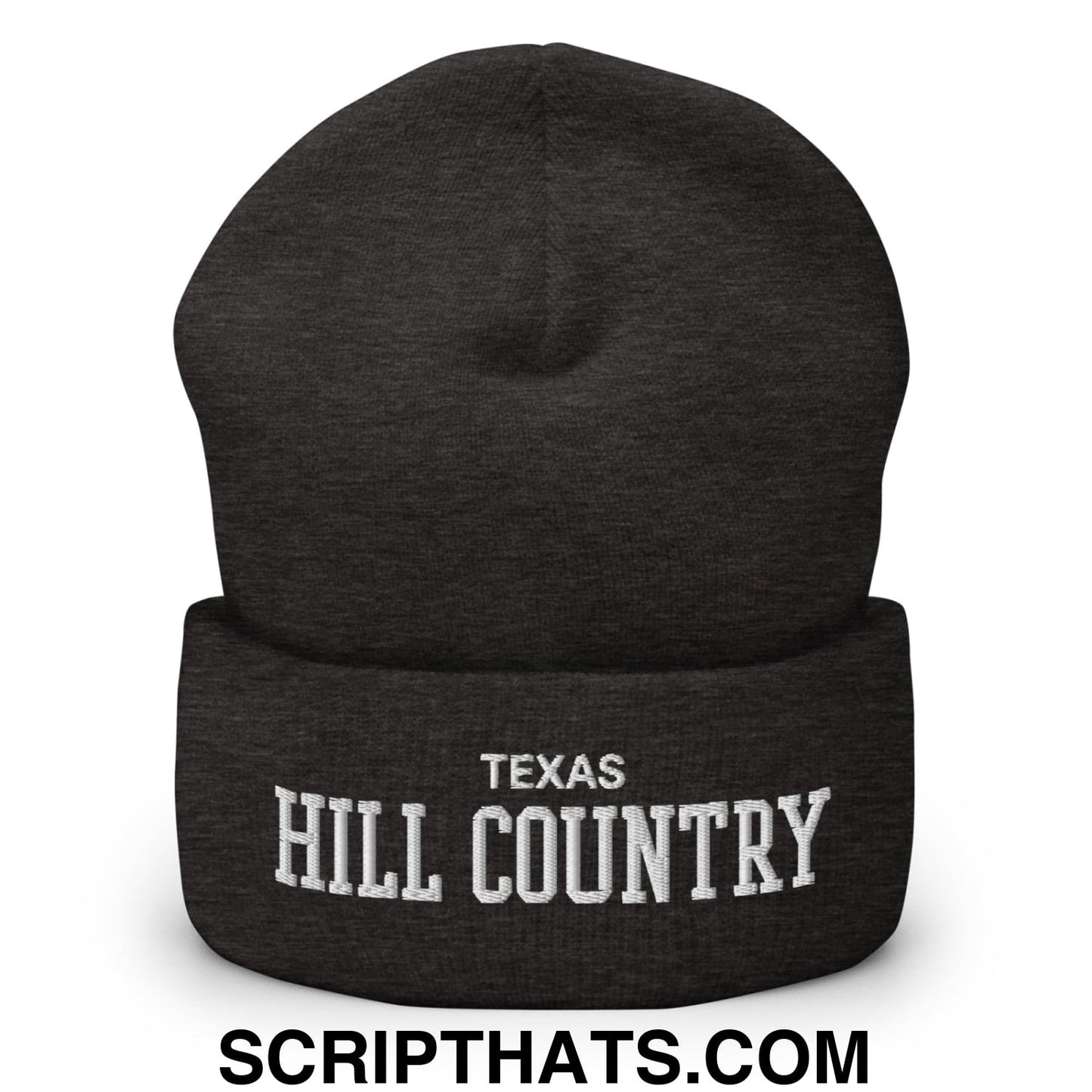Texas Hill Country Varsity College Block Embroidered Knit Cuffed Beanie Dark Grey