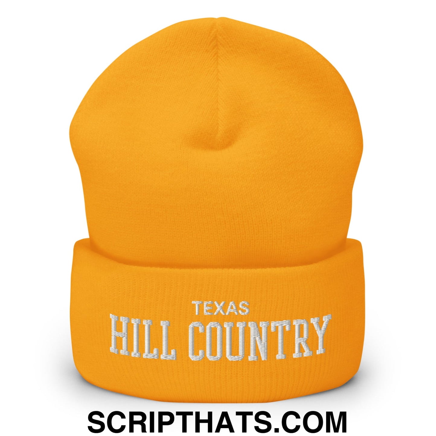 Texas Hill Country Varsity College Block Embroidered Knit Cuffed Beanie Gold