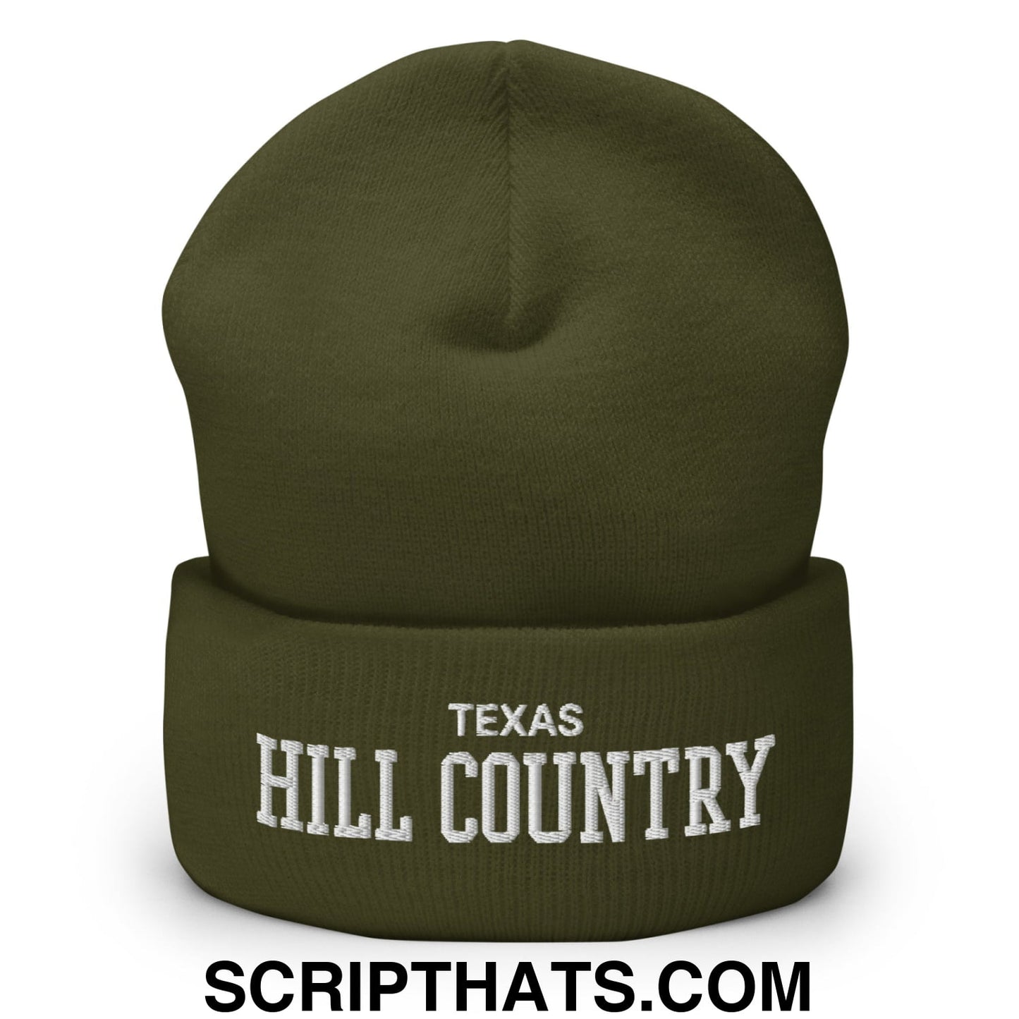 Texas Hill Country Varsity College Block Embroidered Knit Cuffed Beanie Olive