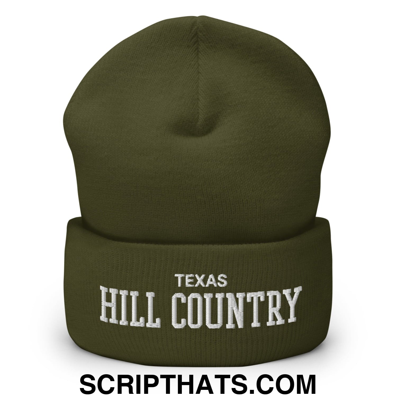 Texas Hill Country Varsity College Block Embroidered Knit Cuffed Beanie Olive
