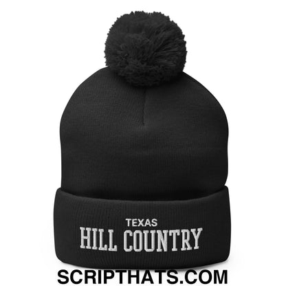 Texas Hill Country Varsity College Block Embroidered Knit Pom Pom Beanie Black