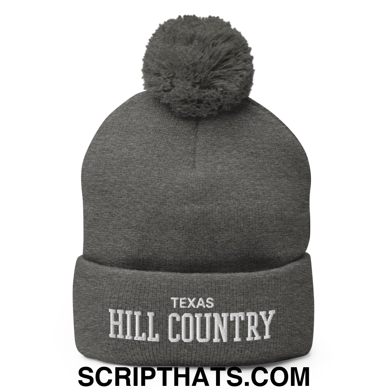 Texas Hill Country Varsity College Block Embroidered Knit Pom Pom Beanie Dark Heather Grey