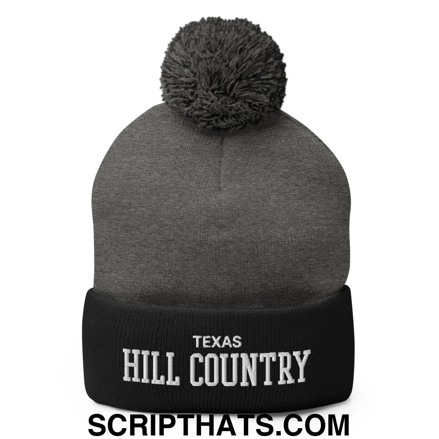 Texas Hill Country Varsity College Block Embroidered Knit Pom Pom Beanie Dark Heather Grey Black