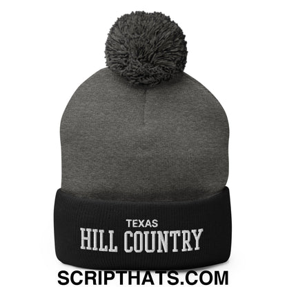 Texas Hill Country Varsity College Block Embroidered Knit Pom Pom Beanie Dark Heather Grey Black
