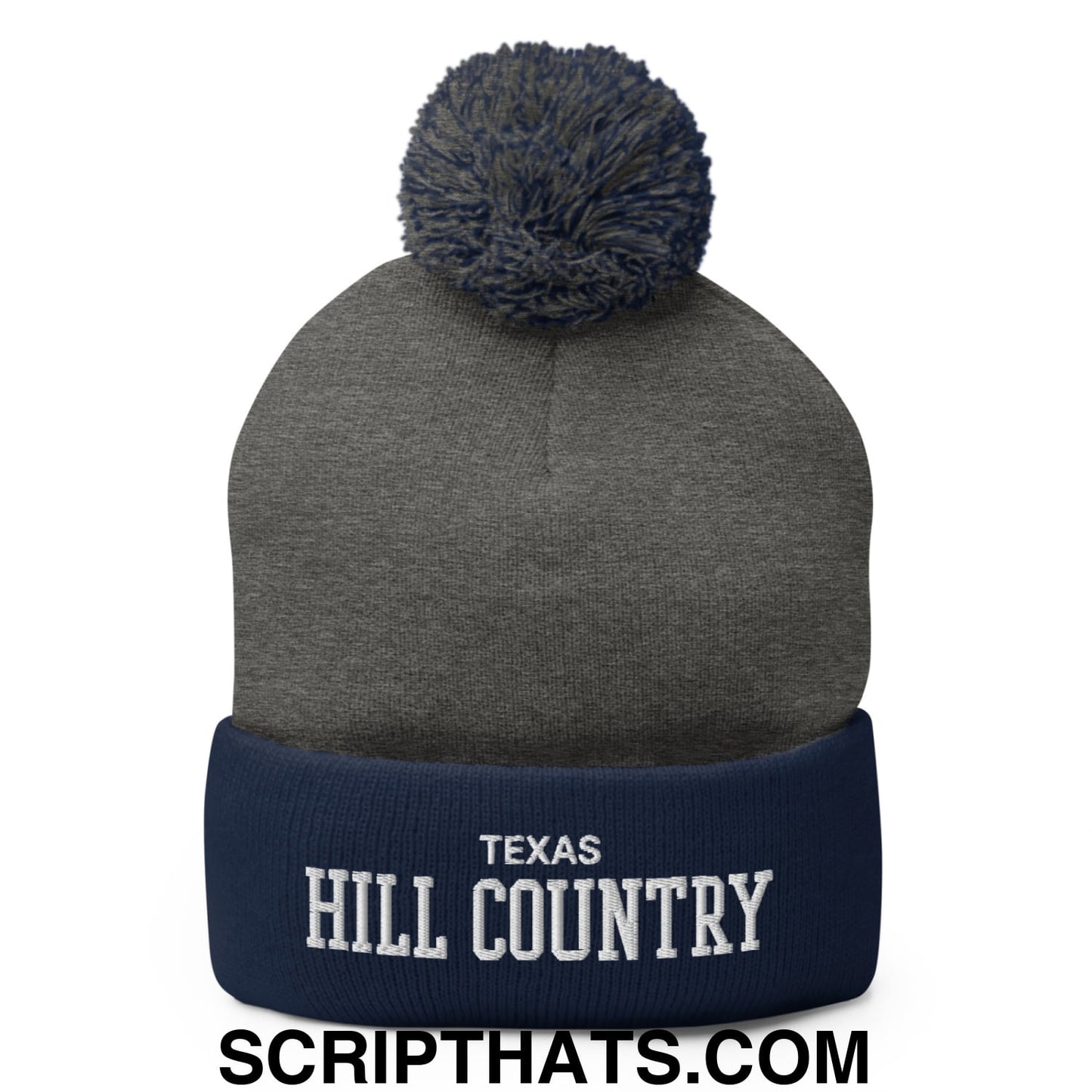 Texas Hill Country Varsity College Block Embroidered Knit Pom Pom Beanie Dark Heather Grey Navy