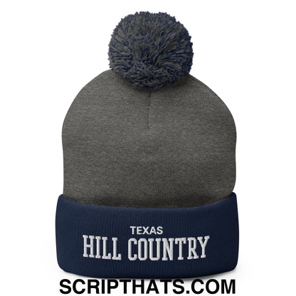 Texas Hill Country Varsity College Block Embroidered Knit Pom Pom Beanie Dark Heather Grey Navy