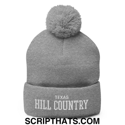 Texas Hill Country Varsity College Block Embroidered Knit Pom Pom Beanie Heather Grey