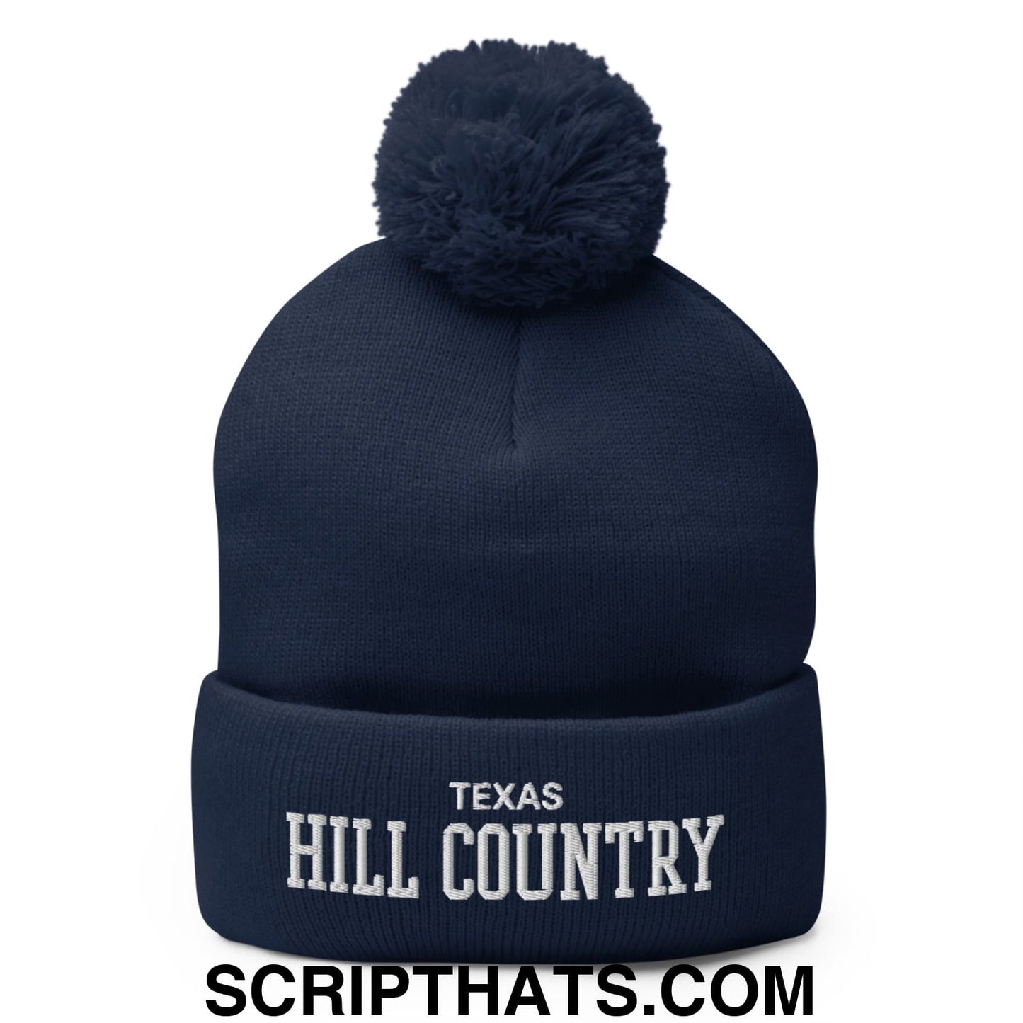 Texas Hill Country Varsity College Block Embroidered Knit Pom Pom Beanie Navy