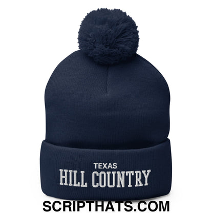 Texas Hill Country Varsity College Block Embroidered Knit Pom Pom Beanie Navy
