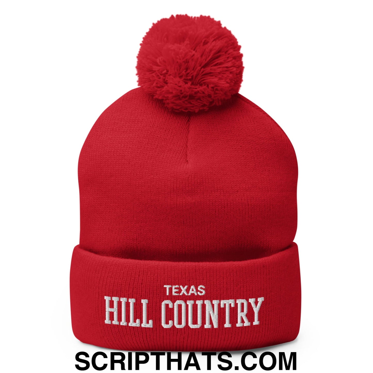 Texas Hill Country Varsity College Block Embroidered Knit Pom Pom Beanie Red