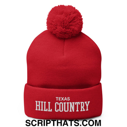 Texas Hill Country Varsity College Block Embroidered Knit Pom Pom Beanie Red
