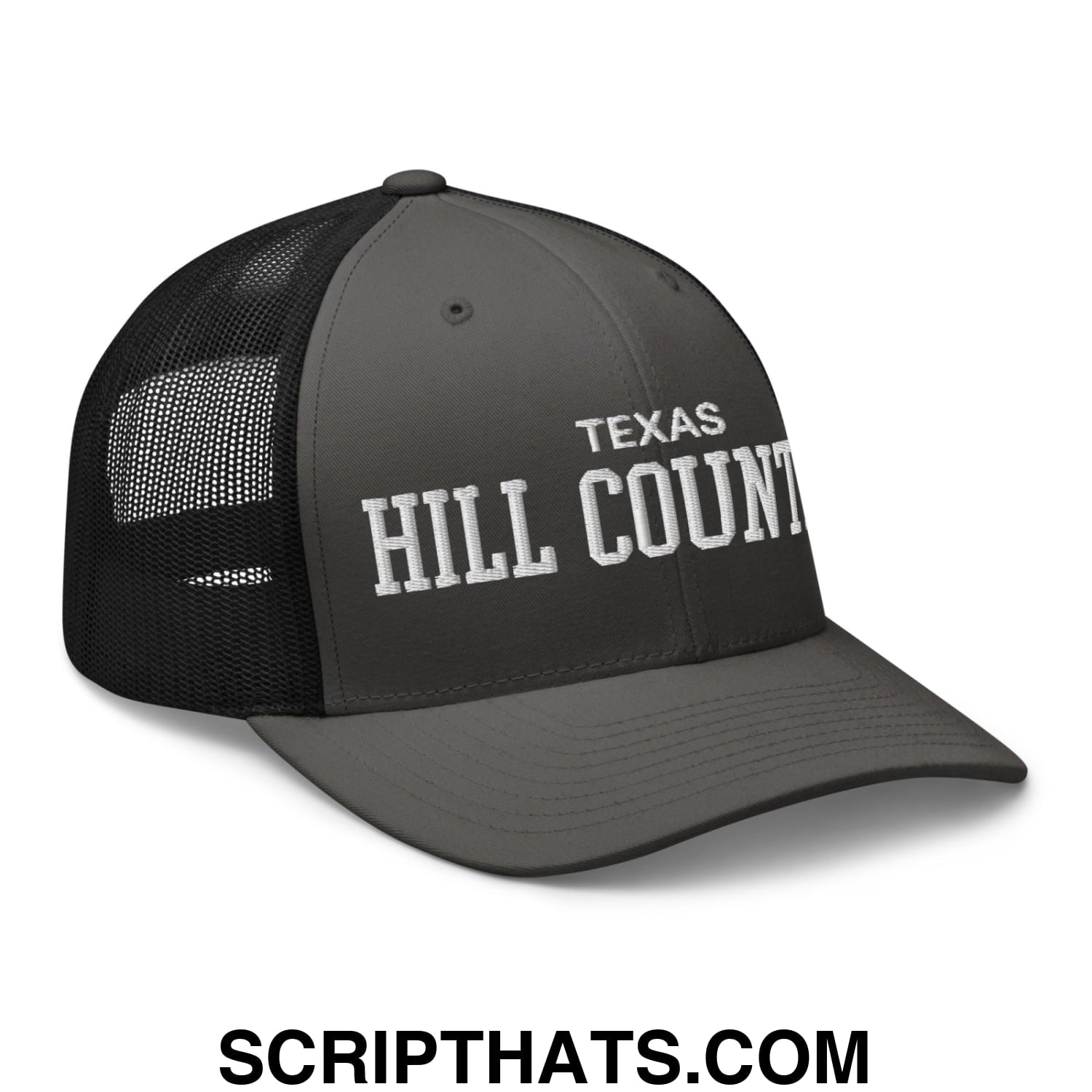 Texas Hill Country Varsity College Block Embroidered Mesh Trucker Hat Charcoal Black
