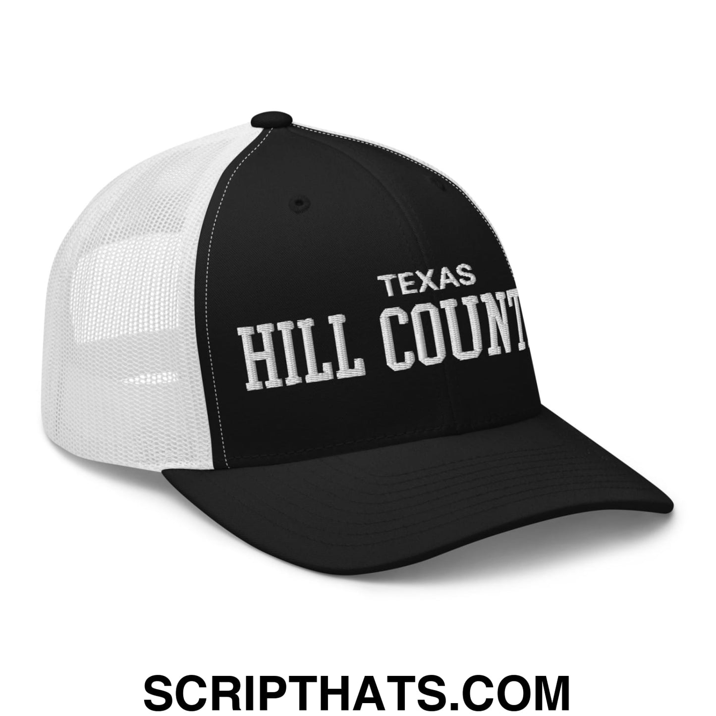 Texas Hill Country Varsity College Block Embroidered Mesh Trucker Hat Black White