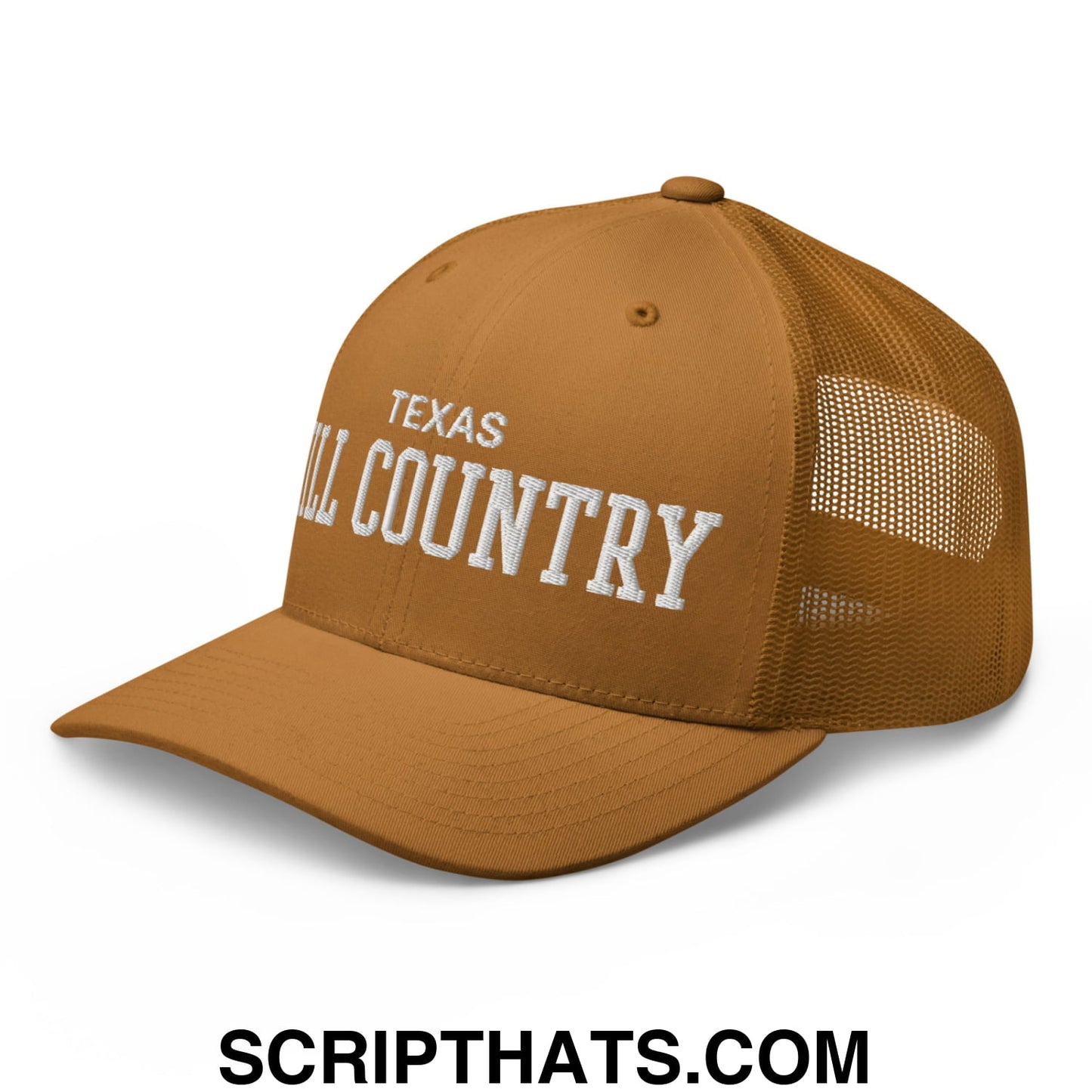Texas Hill Country Varsity College Block Embroidered Mesh Trucker Hat Caramel