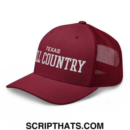 Texas Hill Country Varsity College Block Embroidered Mesh Trucker Hat Cranberry