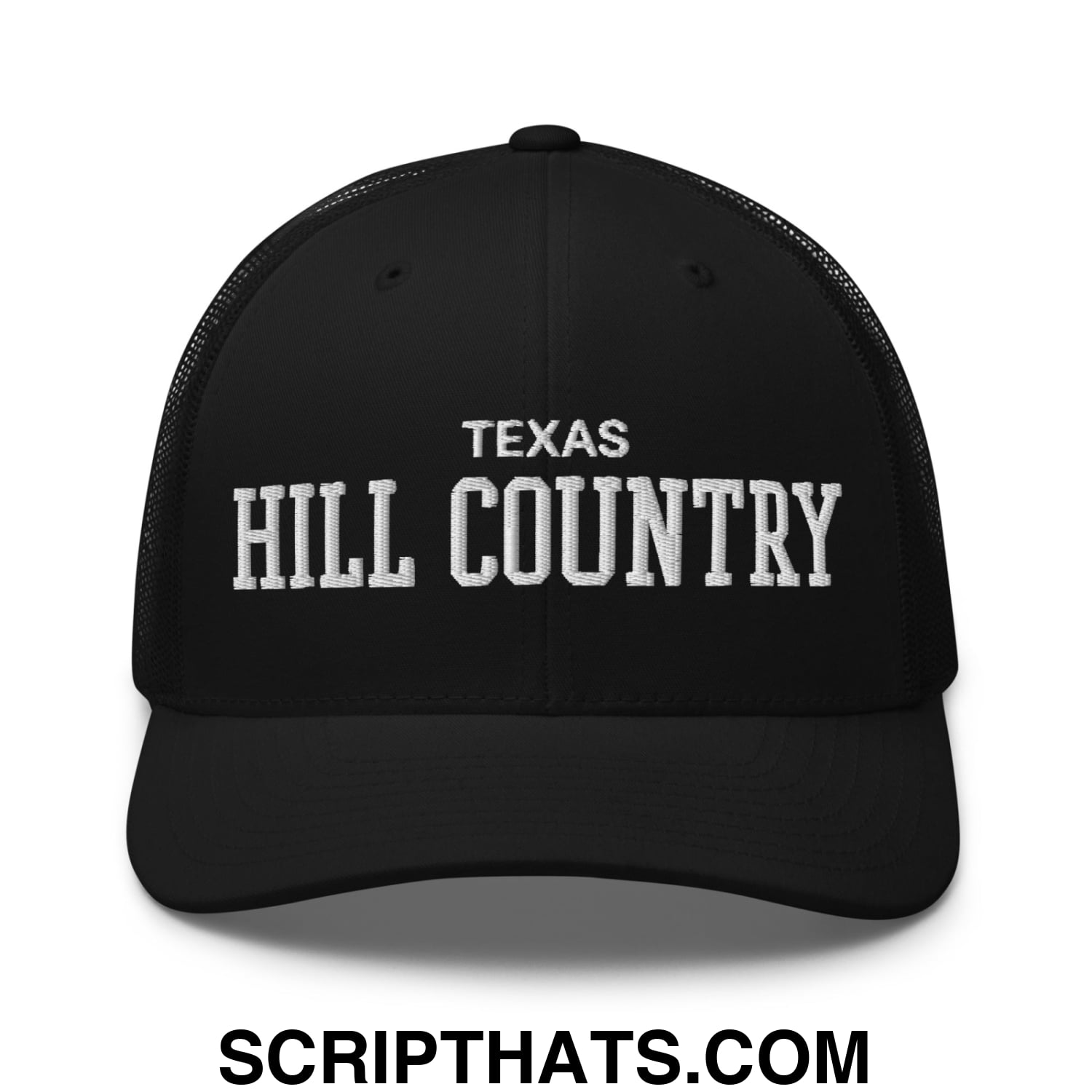Texas Hill Country Varsity College Block Embroidered Mesh Trucker Hat Black