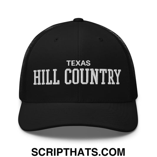 Texas Hill Country Varsity College Block Embroidered Mesh Trucker Hat Black