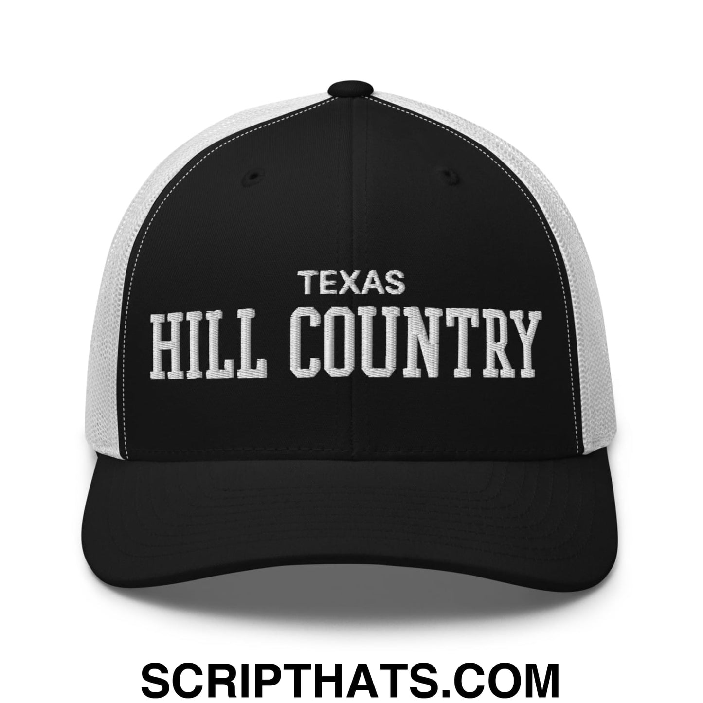 Texas Hill Country Varsity College Block Embroidered Mesh Trucker Hat Black White