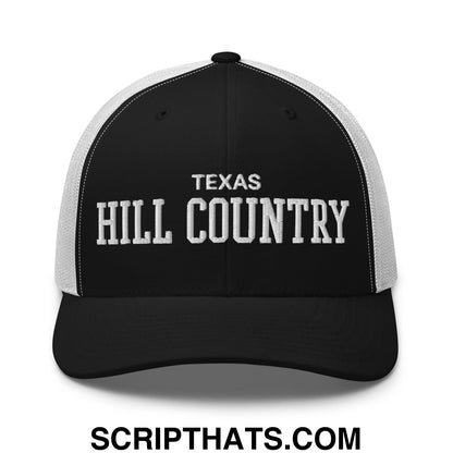 Texas Hill Country Varsity College Block Embroidered Mesh Trucker Hat Black White