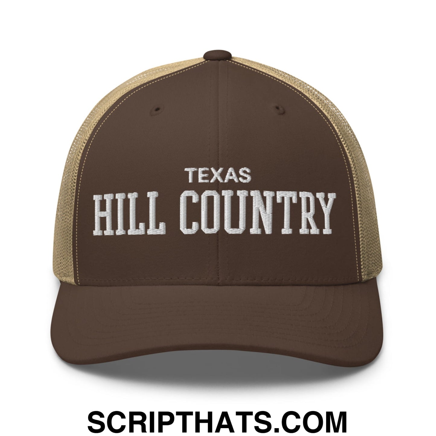 Texas Hill Country Varsity College Block Embroidered Mesh Trucker Hat Brown Khaki