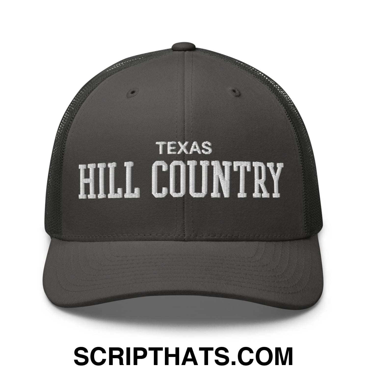 Texas Hill Country Varsity College Block Embroidered Mesh Trucker Hat Charcoal