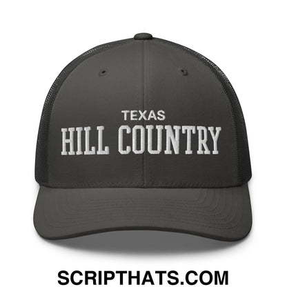 Texas Hill Country Varsity College Block Embroidered Mesh Trucker Hat Charcoal