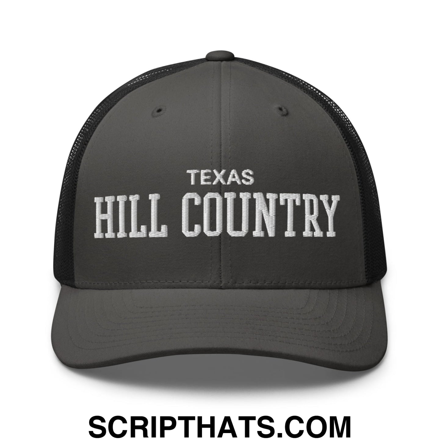 Texas Hill Country Varsity College Block Embroidered Mesh Trucker Hat Charcoal Black