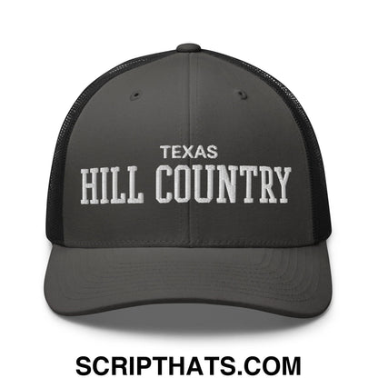 Texas Hill Country Varsity College Block Embroidered Mesh Trucker Hat Charcoal Black