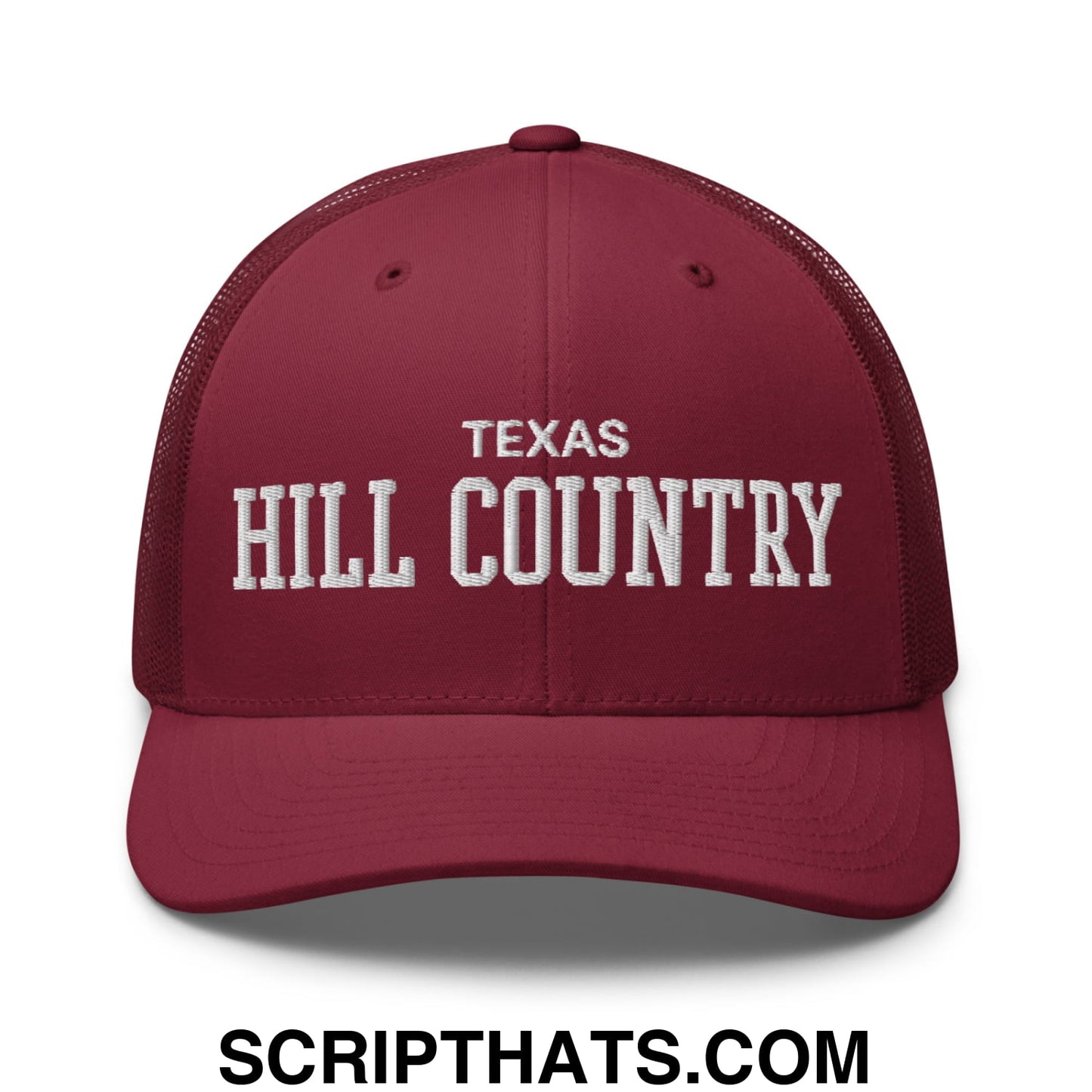Texas Hill Country Varsity College Block Embroidered Mesh Trucker Hat Cranberry