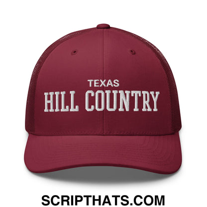 Texas Hill Country Varsity College Block Embroidered Mesh Trucker Hat Cranberry