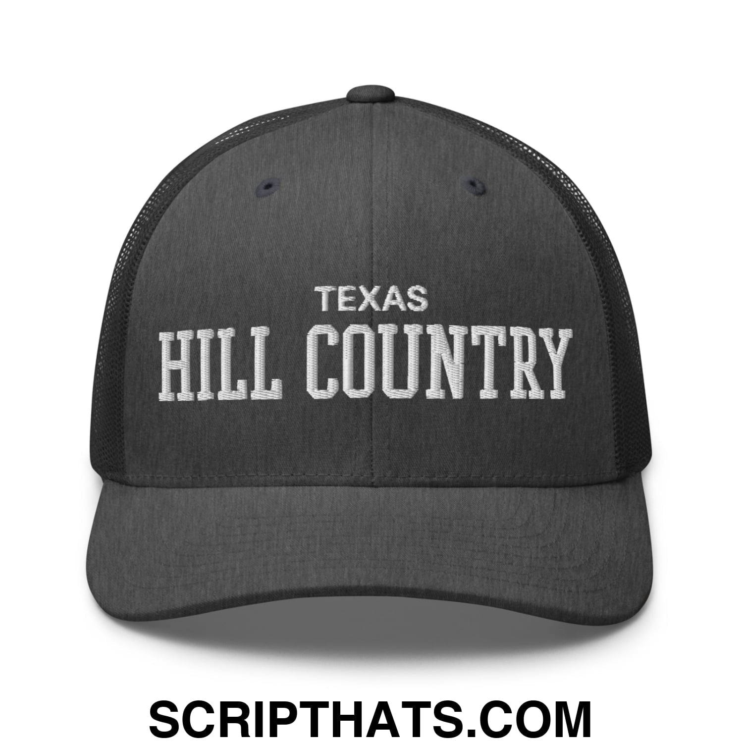 Texas Hill Country Varsity College Block Embroidered Mesh Trucker Hat Dark Heather Gray