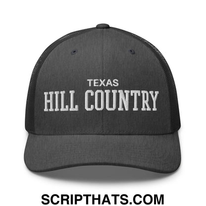 Texas Hill Country Varsity College Block Embroidered Mesh Trucker Hat Dark Heather Gray
