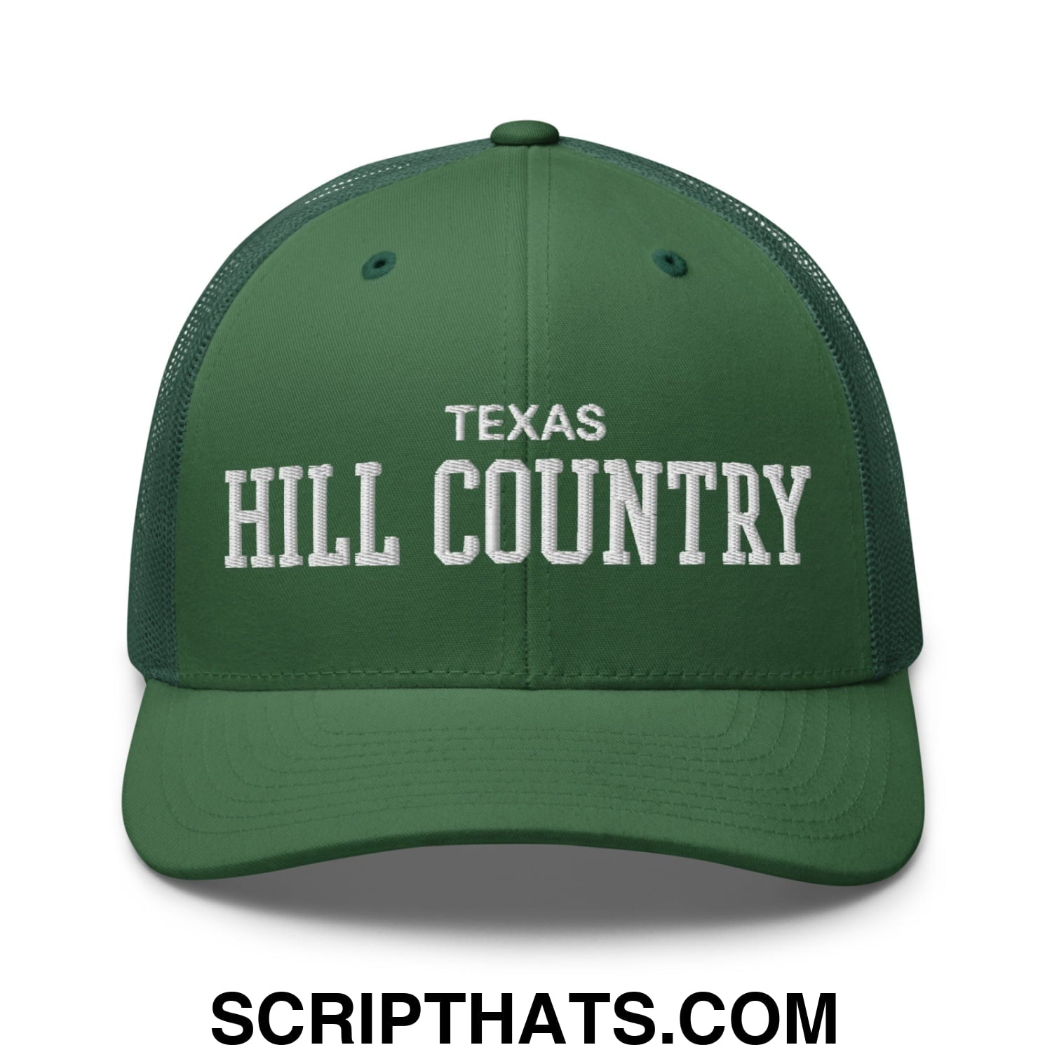 Texas Hill Country Varsity College Block Embroidered Mesh Trucker Hat Evergreen
