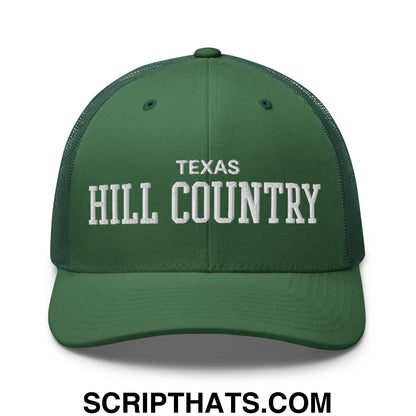 Texas Hill Country Varsity College Block Embroidered Mesh Trucker Hat Evergreen