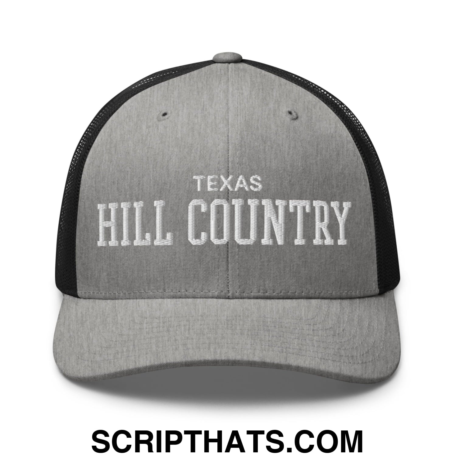 Texas Hill Country Varsity College Block Embroidered Mesh Trucker Hat Heather Black